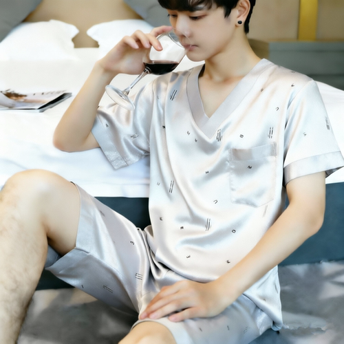 男士丝绸睡衣夏季短袖薄款冰丝韩版仿蚕丝大码宽松休闲短裤家居服 - 封面