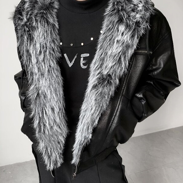 美式PU皮毛绒带帽派克服棉衣