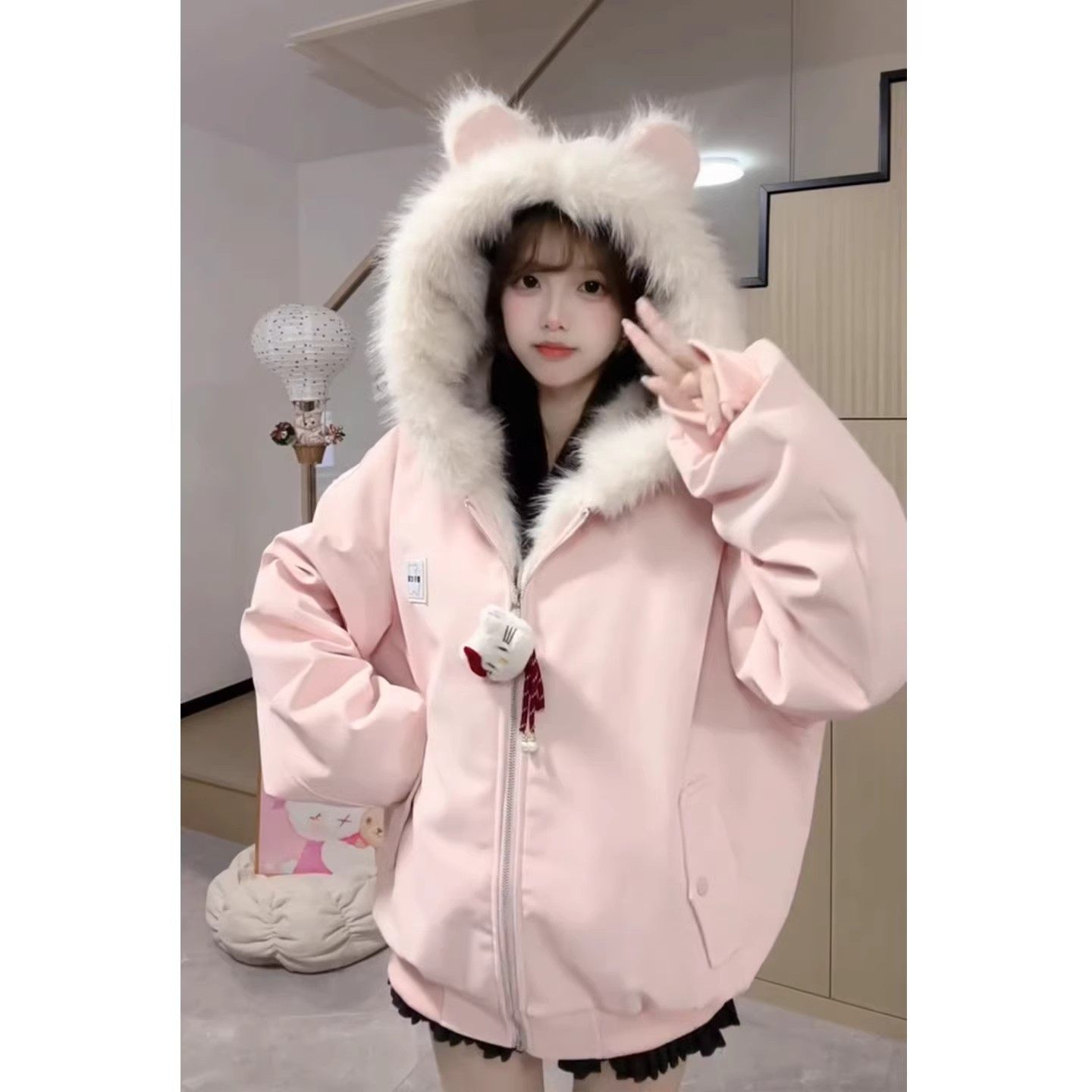 冬季新款甜美风连帽座山雕毛领棉服女冬季宽松加厚保暖棉衣外套潮