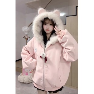 冬季新款甜美风连帽座山雕毛领棉服女冬季宽松加厚保暖棉衣外套潮