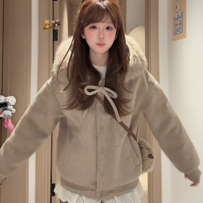 韩系温柔风蝴蝶结大毛领毛呢外套