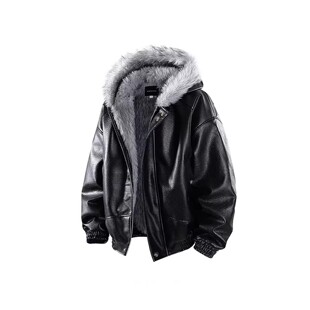 冬季新款潮流痞帅毛领座山雕连帽棉衣男加厚PU皮保暖夹克棉服外套