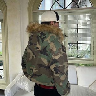 外套 棉服仿兔棉衣冬装 加厚双面座山雕美式 绒毛迷彩夹克男连帽冬季