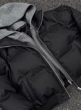 PU皮假两件连帽夹克棉服男女冬季加厚高级感保暖美式短款廓形棉袄