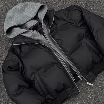 PU皮假两件连帽夹克棉服