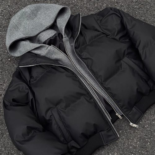 PU皮假两件连帽夹克棉服