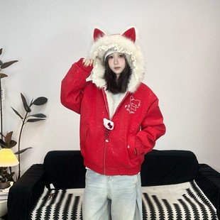 冬季新年红PU皮座山雕棉服女加厚加绒亲子装百搭连帽保暖棉衣外套