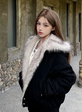 美式黑色复古加厚牛仔毛领连帽棉衣冬季新款保暖棉服外套夹棉