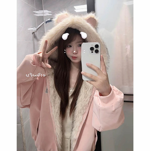 冬季新款甜美风棉衣外套女款加绒加厚宽松显瘦连帽座山雕棉服外套