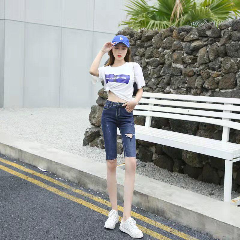 五分裤牛仔短裤女中高腰紧身弹力破洞夏季薄款显瘦骑行中裤子潮