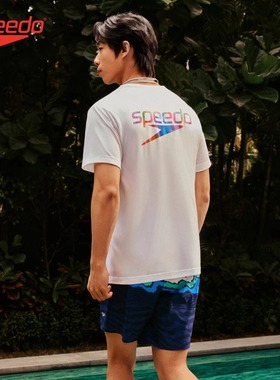 Speedo/速比涛成人T恤短袖男士运动休闲圆领印花白色上衣女25新款