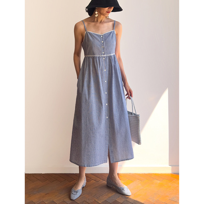 条纹全棉吊带纽扣连衣裙