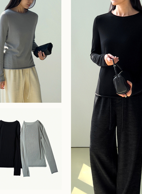 (2色) Plain Sight 天空灰、黑色圆领卷边羊毛针织套头衫