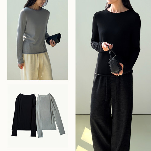 (2色) Plain Sight 天空灰、黑色圆领卷边羊毛针织套头衫