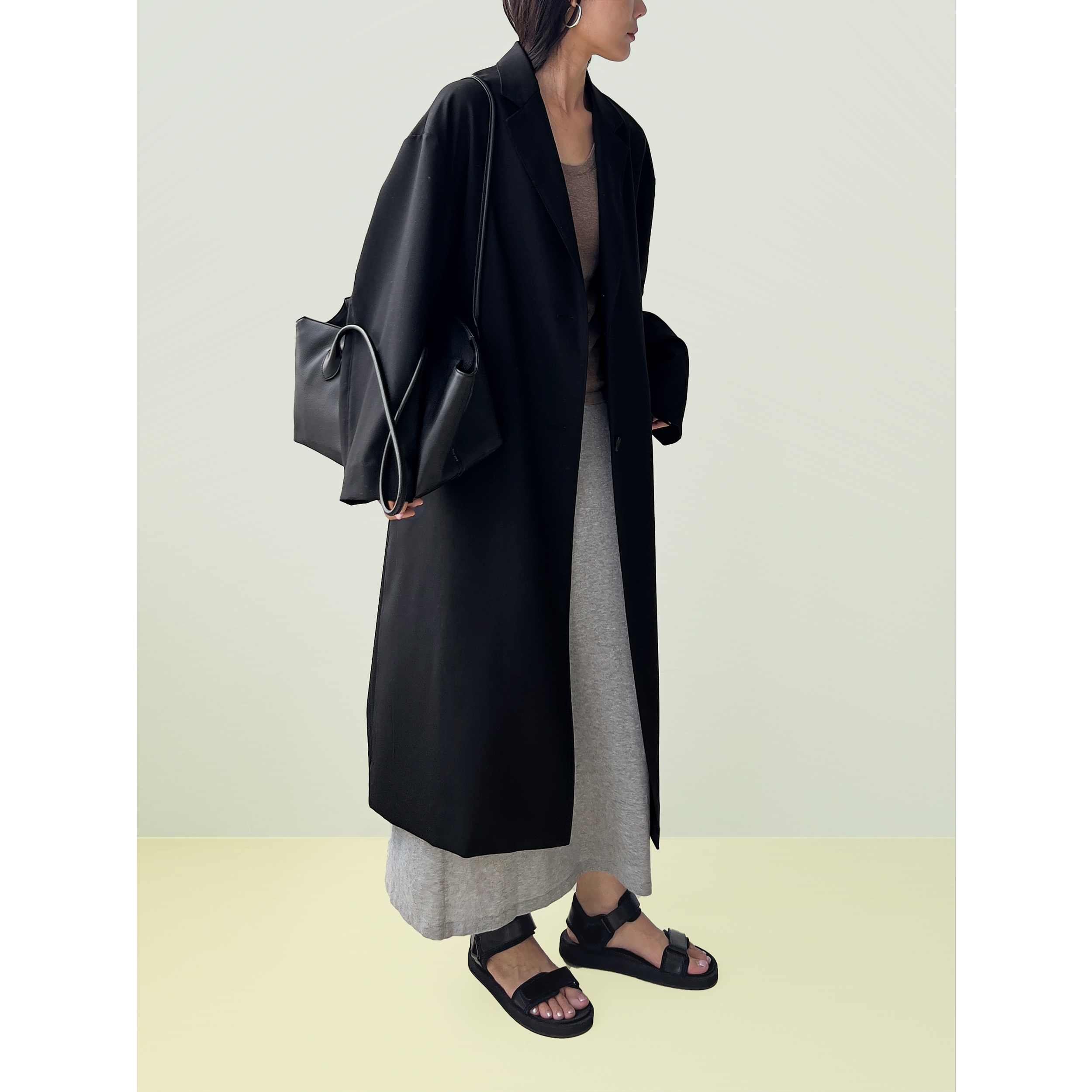 Plain Sight 黑色羊毛廓形长款风衣薄大衣