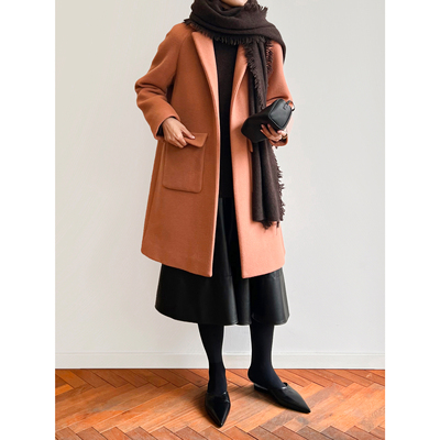 橘粉色羊毛插肩袖中长大衣