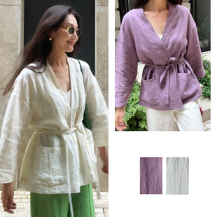 白色亚麻束腰V领七分袖 外套 丁香紫 Sight 2色 Plain