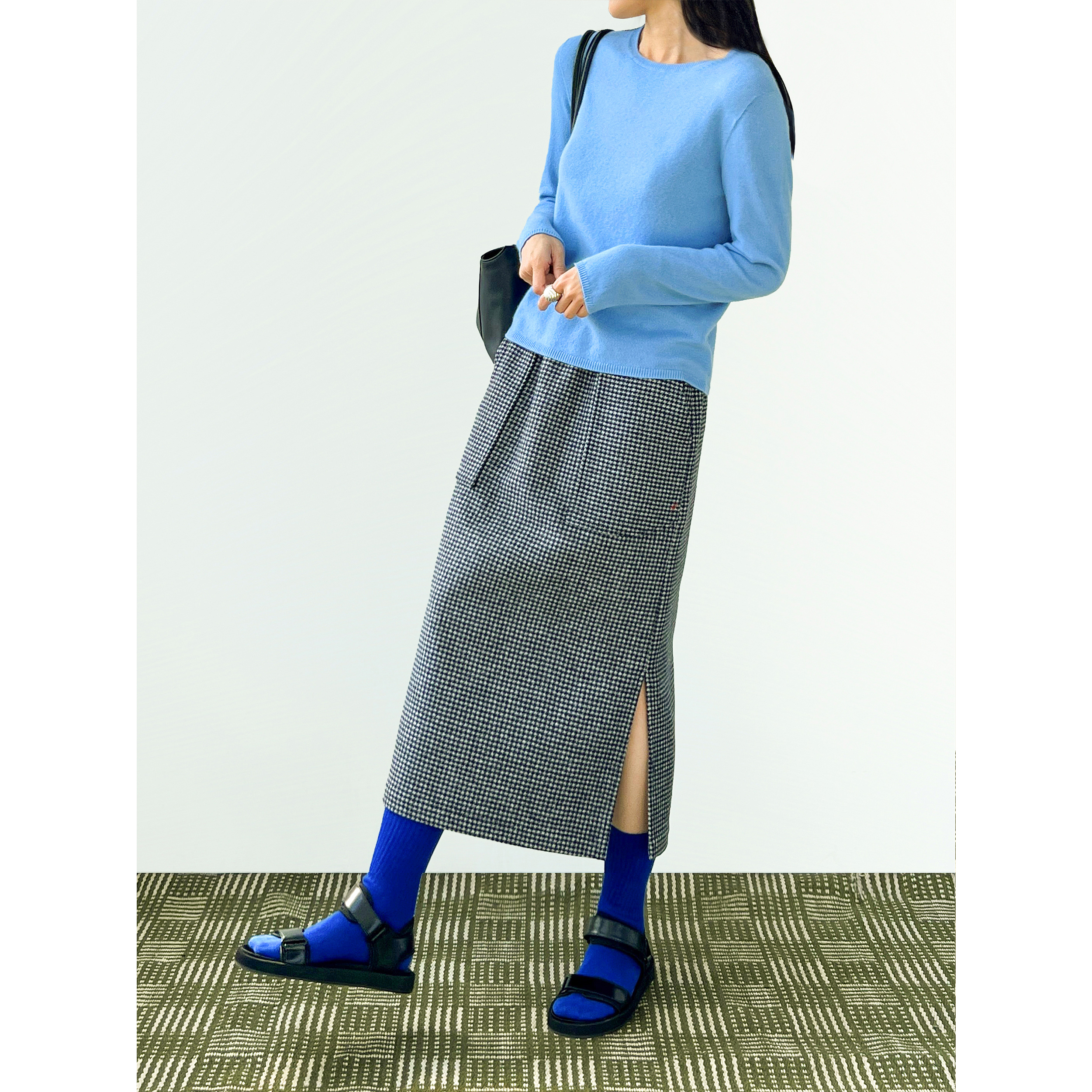 Plain Sight 千鸟格纹全羊毛松紧腰侧开衩直身半裙