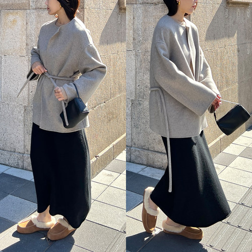 Plain Sight 燕麦色纯羊绒双面呢短款束腰大衣