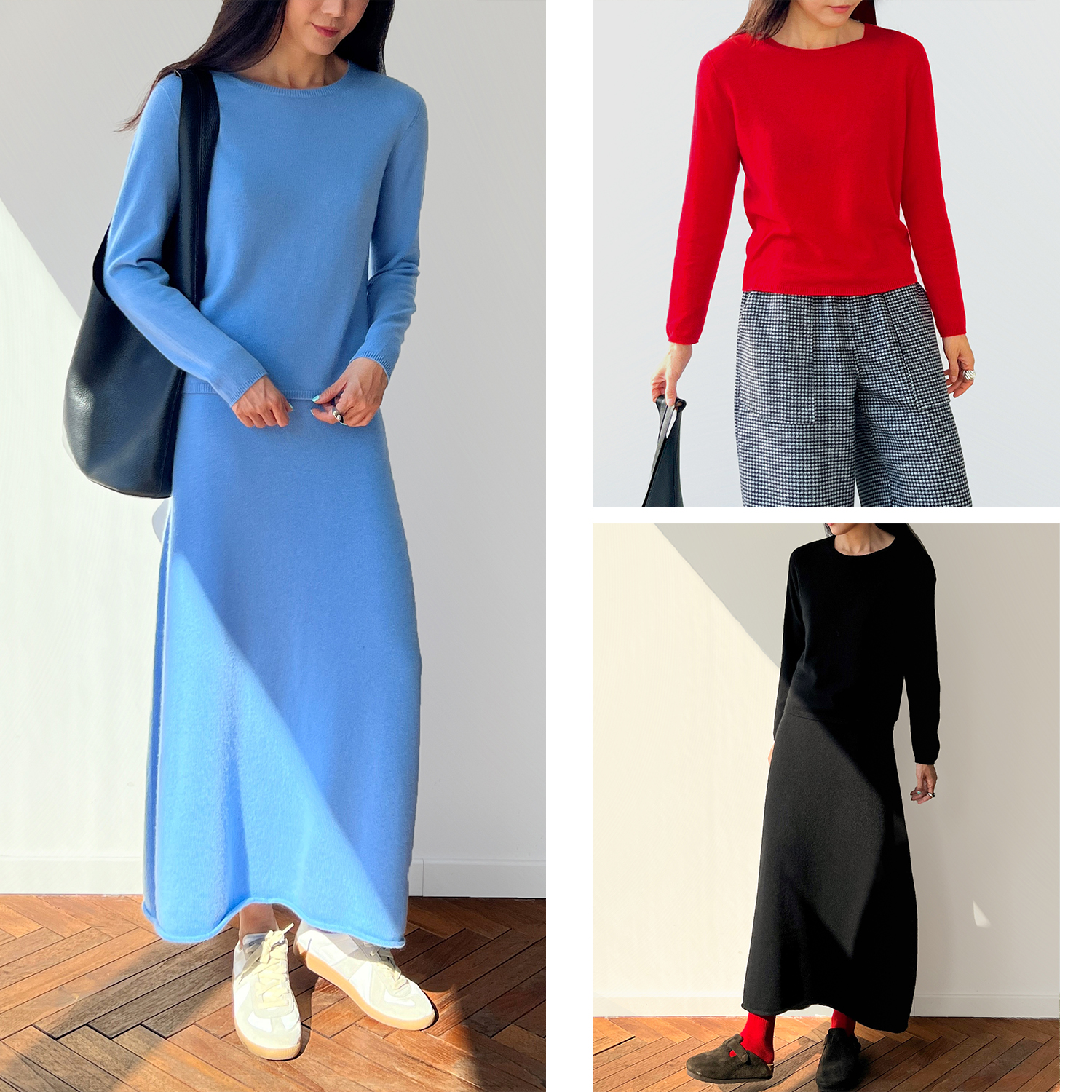 Plain Sight 黑色、婴儿蓝、红色纯羊绒无缝圆领毛衣