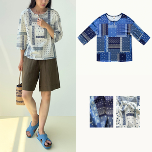 T恤 小地瓜|Plain Sight 靛蓝 白色印花有机天竺全棉宽松6分袖