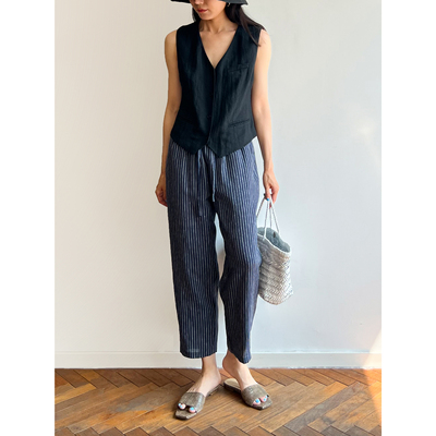 (2色）Plain Sight 浅紫、条纹亚麻松紧腰九分裤