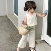 女童背心套装 T恤长裤 夏2023镂空上衣喇叭裤 2件套儿童针织冰丝无袖