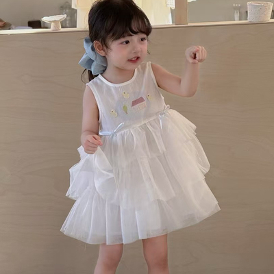 女童背心连衣裙夏装2025儿童无袖背心裙蛋糕裙洋气拼接网纱公主裙