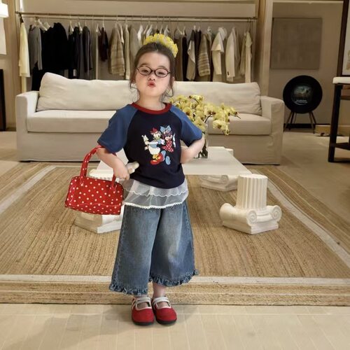 女童26夏季新款韩版卡通米奇短袖T恤衫拼色休闲t花边休闲裤两件套