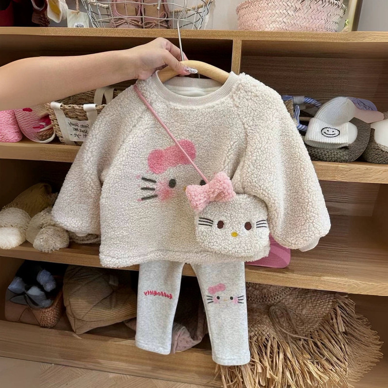 儿童加绒套装hellokitty秋冬2024女童卡通毛毛衣中长款卫衣打底裤