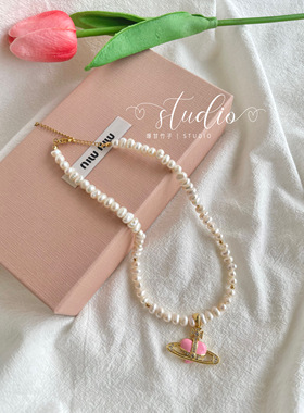 网红INS博主百搭特色粉色土星珍珠choker项链