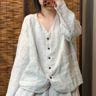 棉麻文艺风衬衫女款春秋季长袖V领纽扣开衫宽松休闲百搭显瘦上衣