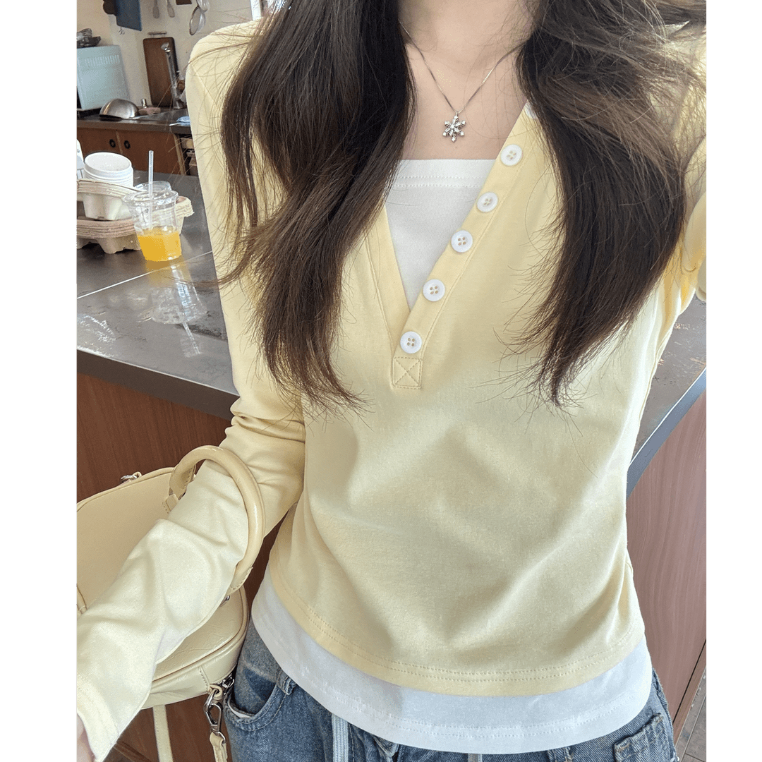 嫩黄色假两件长袖T恤女早春季2025爆款小众修身独特别致短款上衣