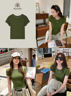 5026显白森绿色~专柜设计感百搭花边圆领正肩T!