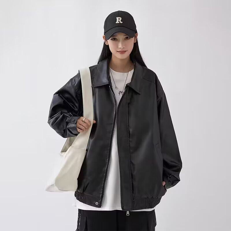 C2003P85秋季新款PU皮纯色嘻哈外套上衣ins美式复古机车风克帅气图片