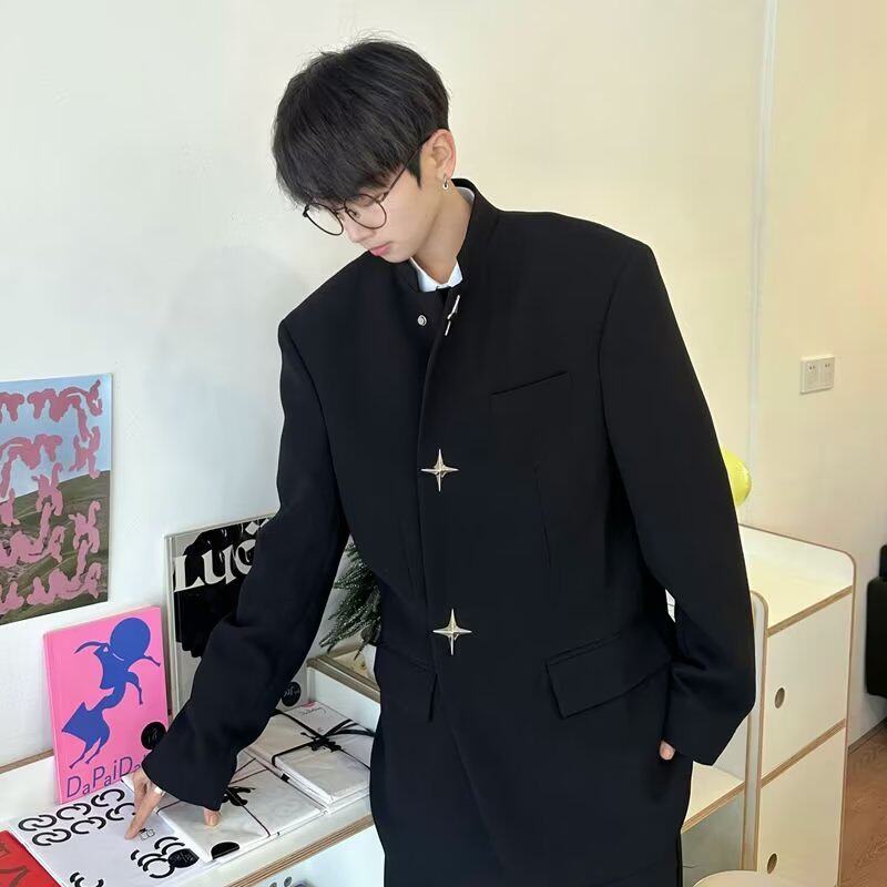 W126P75高级感痞帅西装外套套装设计感金属扣垫肩西服男制服中山图片