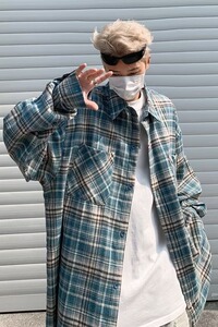 衬衫长袖男生春季新款美式宽松翻领格子衬衣复古潮流休闲C8178P45图片
