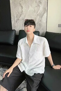 复古小众风褶皱免烫古巴领提花设计款短袖衬衬衣DC340P45图片