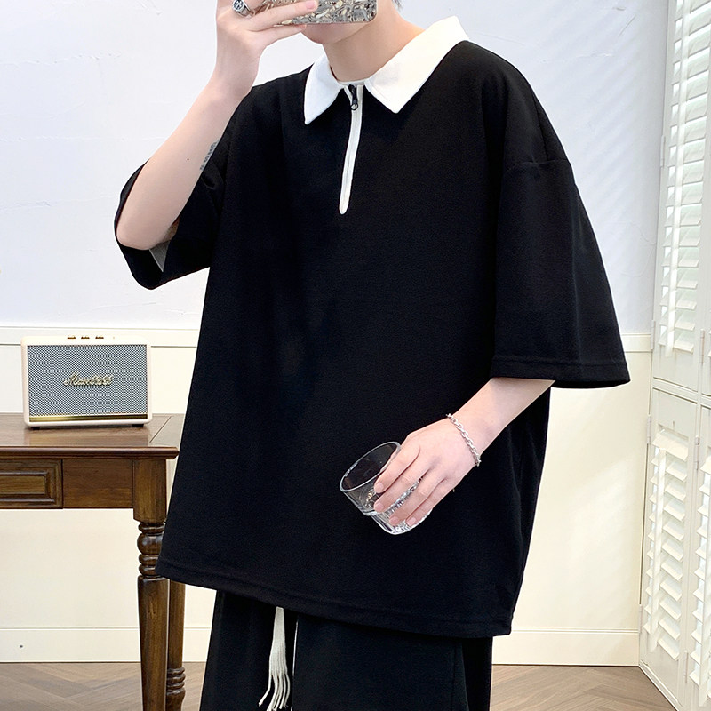日系棒球polo衫男短袖夏季美式重磅t恤小众复古刺绣七分袖popl衫,男装T恤,星座218-1（原230）