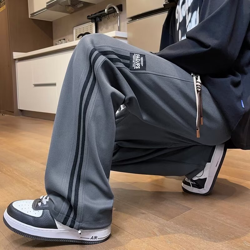 K016P55条纹休闲裤男2024秋款百搭潮牌直筒裤宽松垂感阔腿美式运,男装休闲裤,星座218-1（原230）
