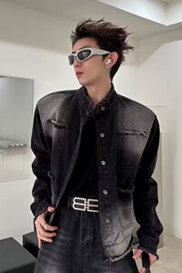 W03P65式复古水洗牛仔外套男款秋季设计感渐变立领夹克发型师潮牌图片