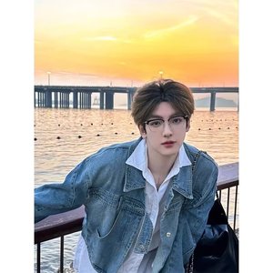 Jk016P85秋冬季短款牛仔外套男女潮牌修身翻领设计感个性时尚炸街