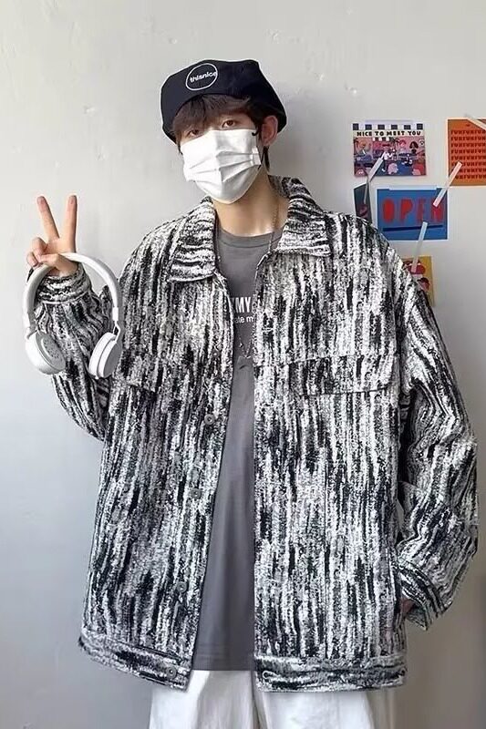 J12P55炸街扎染雪花牛仔外套男春秋季日系复古做旧潮牌宽松痞帅工,男装夹克,星座218-1（原230）