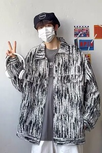 J12P55炸街扎染雪花牛仔外套男春秋季日系复古做旧潮牌宽松痞帅工图片