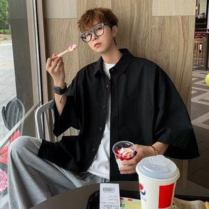 港风五分袖衬衫男夏季休闲痞帅工装衬衣短袖潮牌男生半袖C247P45图片