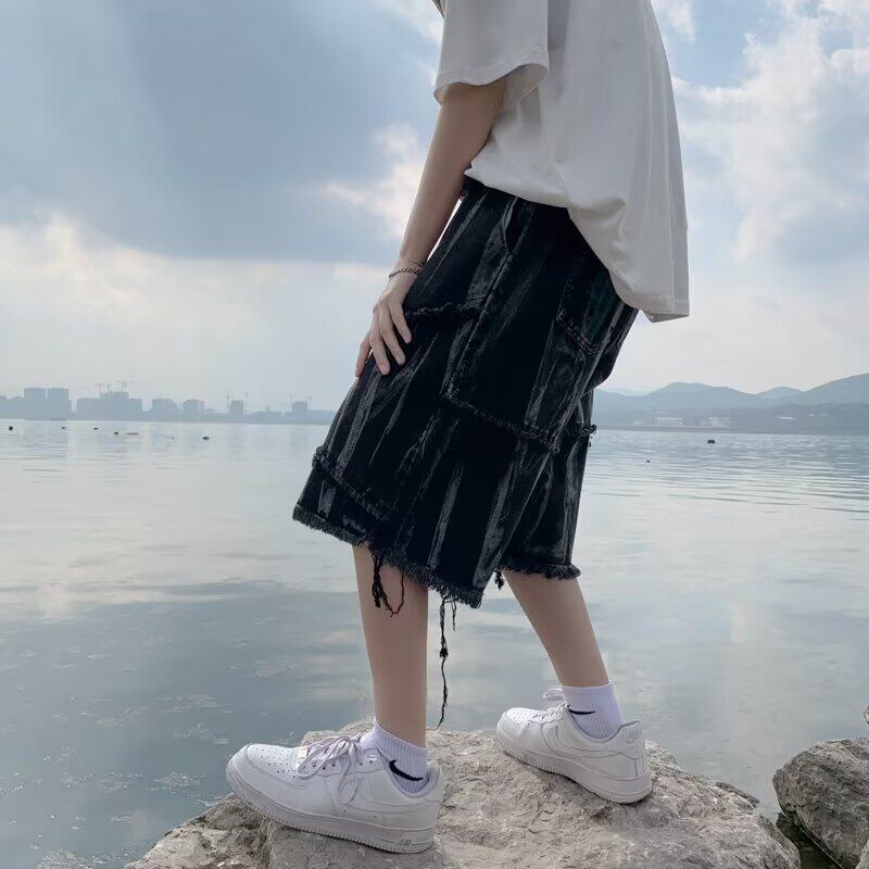 自家图毛边黑色牛仔短裤男夏薄款潮牌水洗美式复DK101P45,男装牛仔裤,星座218-1（原230）