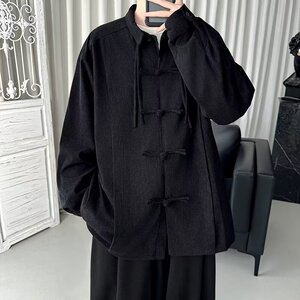 新中式男装风盘扣衬衫男长袖潮高外套春秋汉服道袍J685P55图片