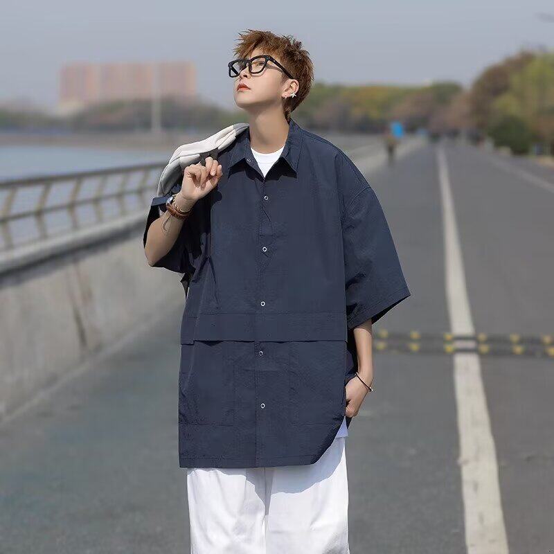 日系休闲潮基础衬衫短袖百搭大口袋宽松复古夏通勤衬衣C231P45,男装衬衫,星座218-1（原230）