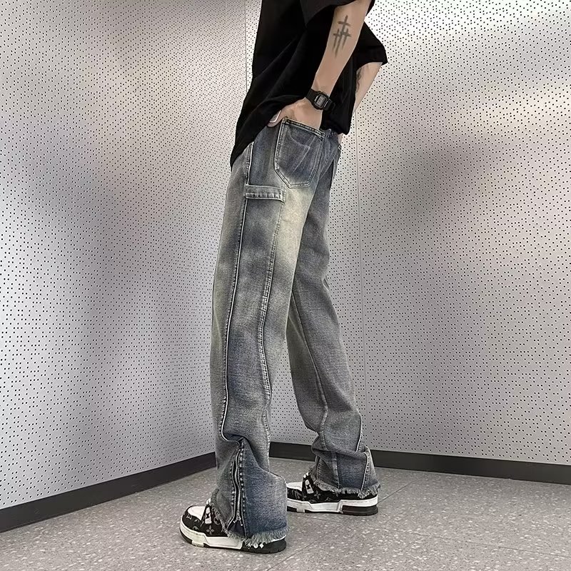 NZ557P55牛仔裤男美式复古欧美高街vibe宽松港风拉链开叉微,男装牛仔裤,星座218-1（原230）