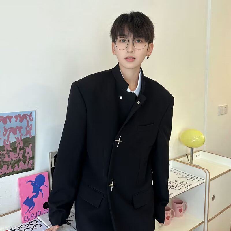 W126P75高级感痞帅西装外套套装设计感金属扣垫肩西服男制服中山,男装西服,星座218-1（原230）